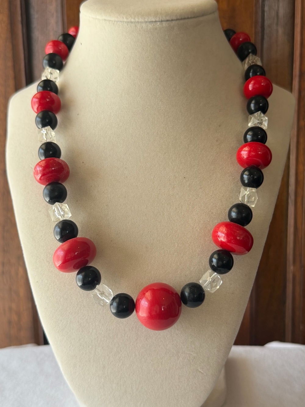 Vintage Red Black Beaded Statement Necklace Double Strand Retro Acrylic